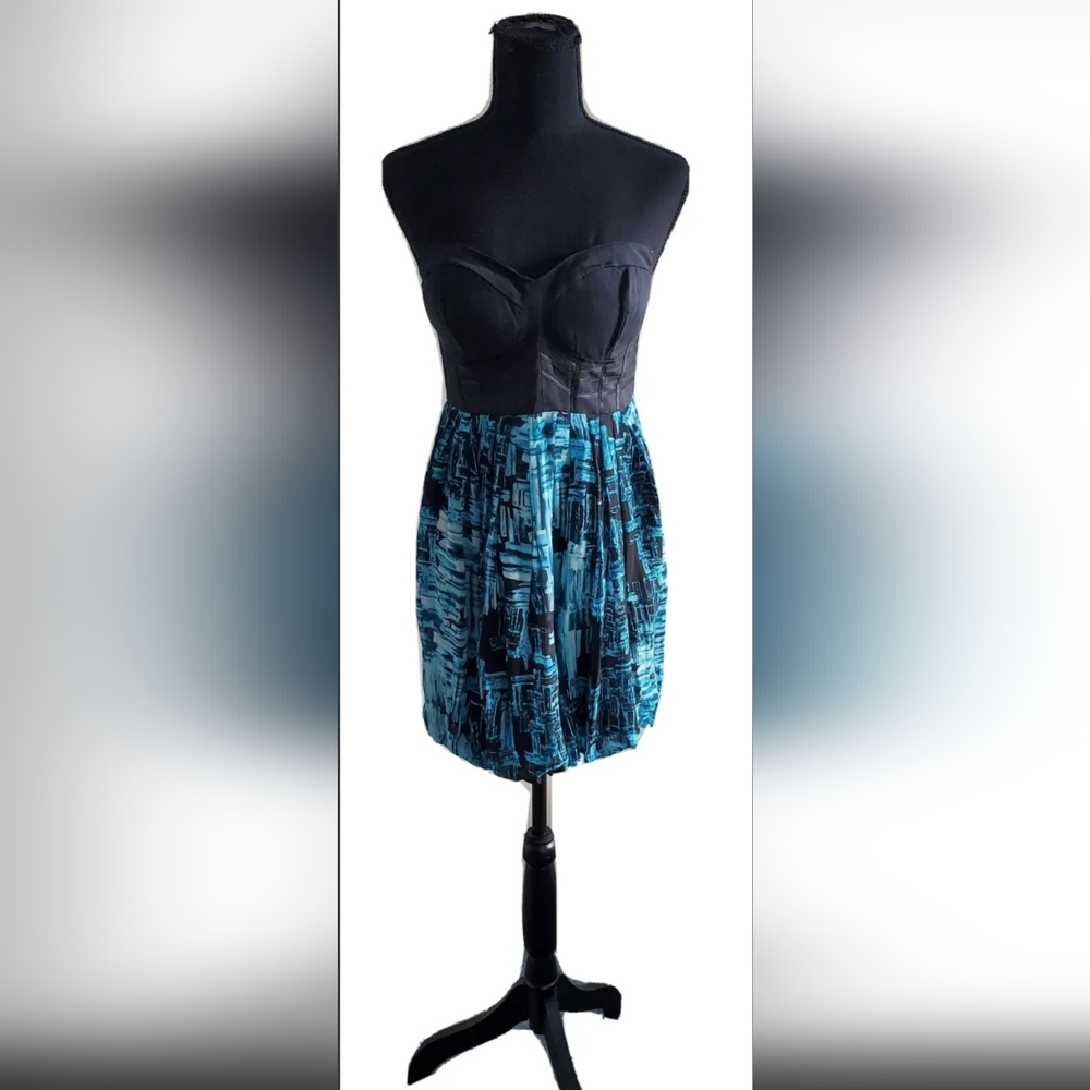 Bebe Strapless Bubble Mini Dress Blue&Black Size S